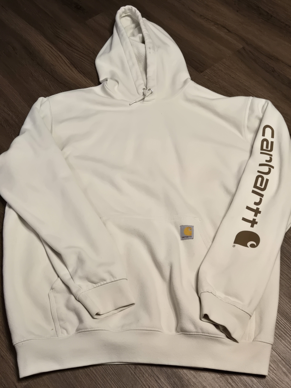 Carhartt Men’s Cream Hoodie with Brown Sleeve Logo XL